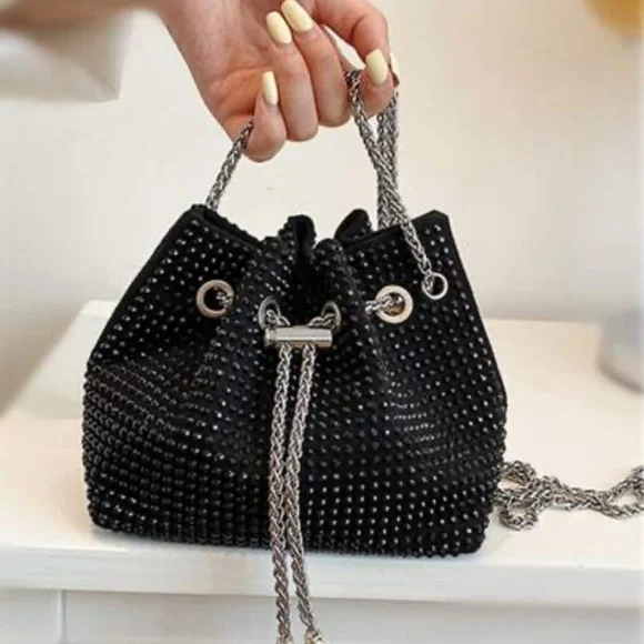 Black Rhinestone Drawstring Bag with Silver Chain - Picture 4 of 5